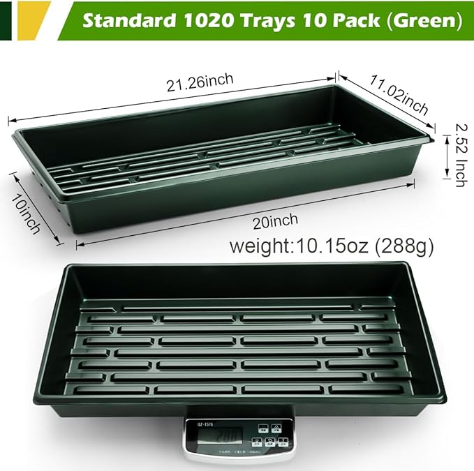 10 Pack 1020 Trays No Holes-Reusable Nursery Flats for 50/72 Cell Plug Tray, Heavy Duty Seed Starter Trays for Transplant, Seed Starting, Plant Propagation & Seed Germination (Dark Green)