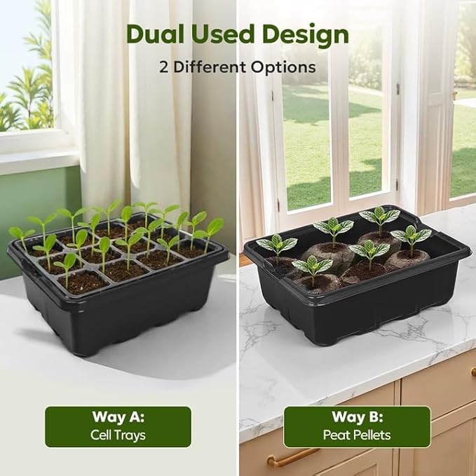 MIXC Seed Starter Kit with Grow Light, Elevated Seedling Tray Kit with Adjustable Humidity Dome and Clear Cell Tray, 12 Full Spectrum Led Beads for Seed Starting Greenhouse, 6 Pack, Black