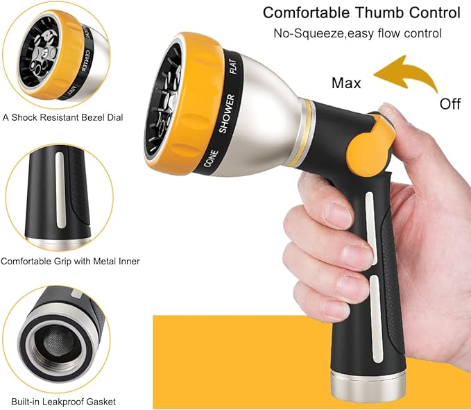 FANHAO Garden Hose Nozzle, 100% Heavy Duty Metal Spray Nozzle with Thumb Control, High Pressure Water Nozzle with 8 Adjustable Spray Patterns for Watering Plants, Washing Cars and Showering Pets