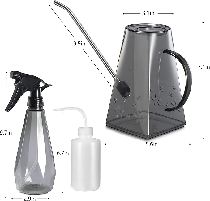 Goowin Indoor Plants Watering Can, Long Spout 47 oz with Bonus 16 oz Spray Bottle & 8.5 oz Squeeze Bottle, Grey