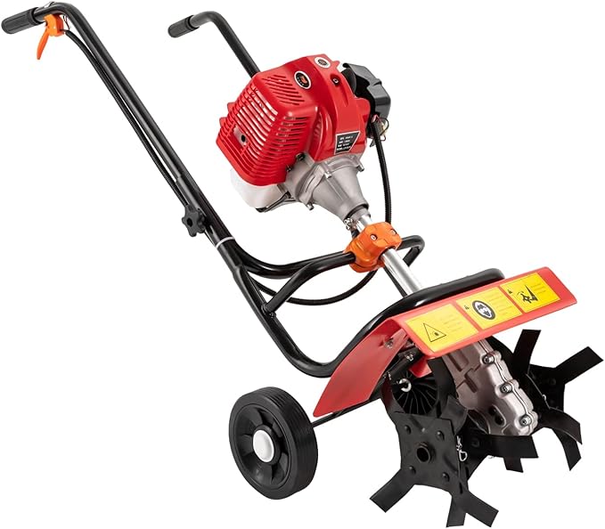 Garden Tiller Cultivator,52CC 2-Stroke Gas Powered Engine Rototiller 1.9KW Garden Tool Bar Cordless with Narrow Blade Anti-Collision Strong Power Garden Cultivator for Plowing Turning Soil Ditching