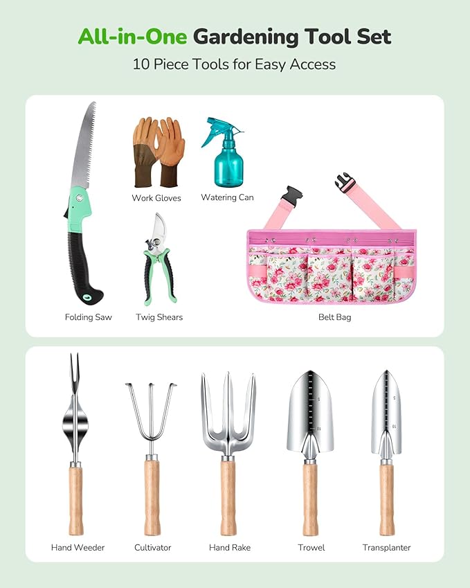 All-in-One Garden Tool Set with Tools Organizer Belt Adjustable, 10-Piece Gardening Hand Tools, Long Lasting Rust-Proof Premium Garden Tool Kit, Gardening Gift for Women Men (Pink)