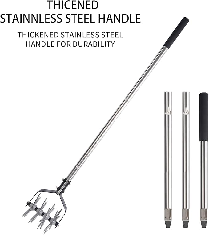 Rotary Garden Tool, Adjustable Hand Tiller, Long Handle Cultivator for Aerating, Weeding, Planting and Mixing Soil or Reseeding Grass