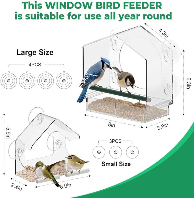 Window Bird Feeder with Strong Suction Cups - 2Pack Clear Sturdy Acrylic Birdfeeder for Outside Windows, 360° Clear View - No Drill Easy Install, Perfect for Cardinals & Finches,etc(2025 New)
