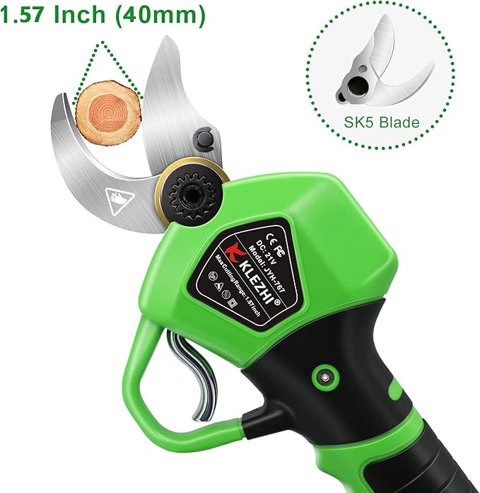 Cordless Electric Pruning Shears Battery Powered Tree Branch Pruner Cut Capacity of 40mm / 1.58inches, 2 x 2 Ah Lithium Rechargeable Battery 6-8 Working Hours Green