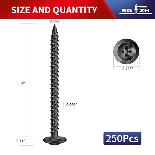 #8 x 2 Inch Wood Screw 250Pcs Alloy Steel Standard Thread Truss Head Fast Self Tapping Black Oxide by SG TZH