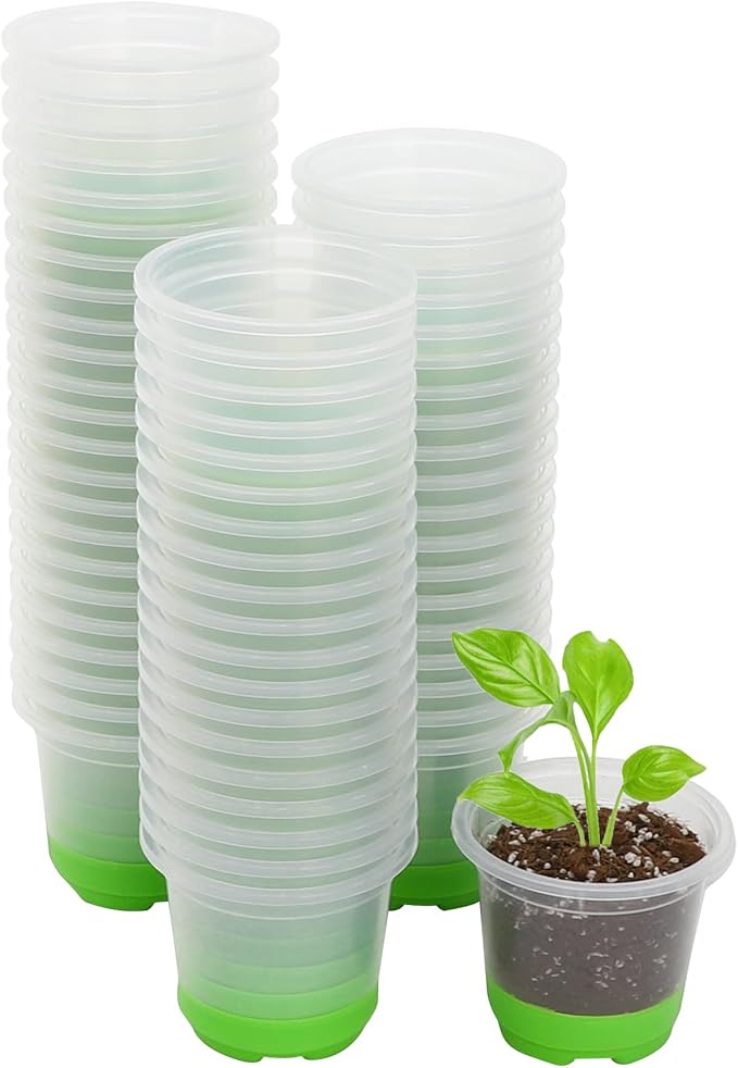 MIXC Thickened Clear Nursery Pots with Silicone Base for Easy Transplant 60 Packs 4 Inch, Transparent Plant Pot Reusable Seedling Pots for Vegetable Propagation, Root Cutting, Seed Starting, Green