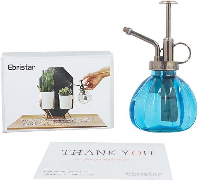 Plant Mister, 6.5" Tall Vintage Style Decorative Glass Water Spray Bottle with Top Pump Small Watering Can (Blue)