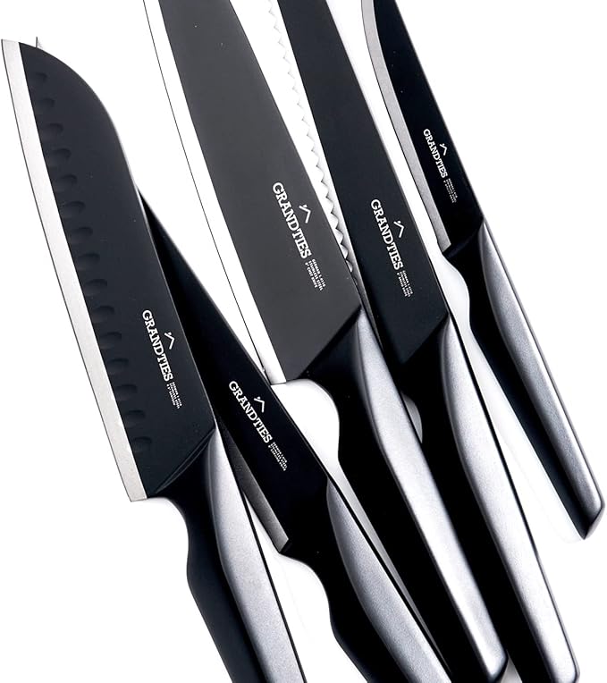 GRANDTIES 7 Piece Nonstick Black Kitchen Knife Set With Block Wooden And Sharpener, High Carbon German Stainless Steel, Ultra Sharp Forged Full Tang Chef Knife Set, Apartment Essentials, Kitchen Décor