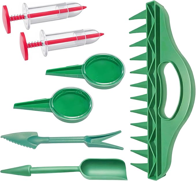 7PCS Mini Handheld Seed Spreader Set with Adjustable Speeds and 12-Hole Dibber Tool, Multifunctional Sowing Seeds Dispenser Planter Kit for Lawn Garden Farm Yard