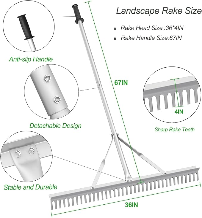 Landscape Rake 36 Inch Head, Leaf Rakes for Lawns with 67 Inch Handle,Aluminum Yard Tool for Loosening Soil, Landscaping Lawn Care , Lake Garden Pond and Beach Care