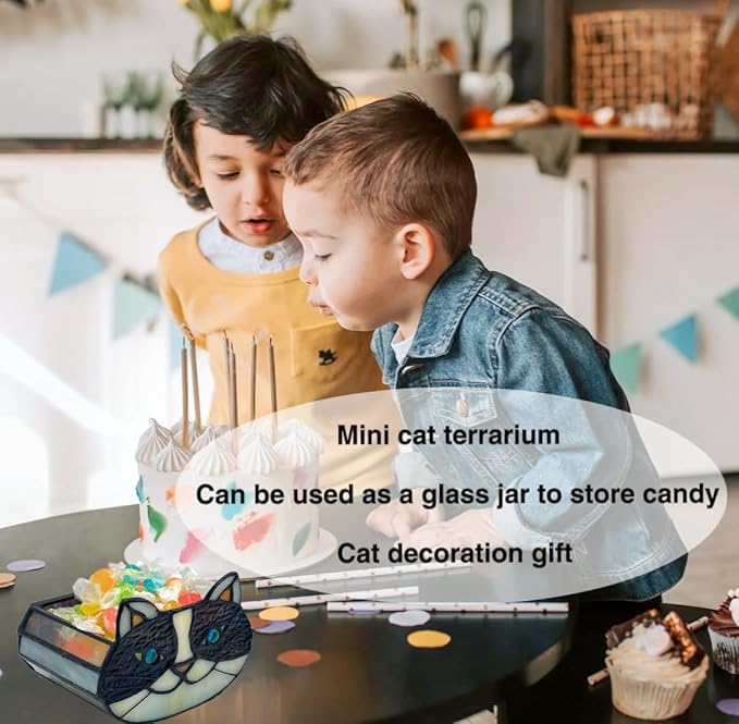 Cactus Black Cat Planter, Cute Small Stained Glass Flower Pot,Terrarium Planter for Tabletop Houseplants，Gifts for Cat Lovers 4.33x3.54x2.95 in (Flower Pot Does not Include Plants)