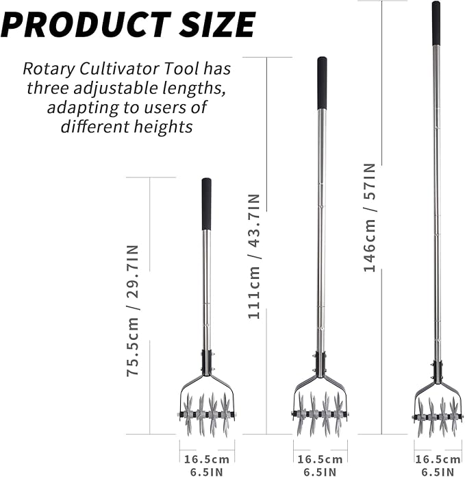 Rotary Garden Tool, Adjustable Hand Tiller, Long Handle Cultivator for Aerating, Weeding, Planting and Mixing Soil or Reseeding Grass