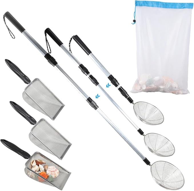 Beach Sand Sifter, 3 Beach Sifting Sand Telescoping Pole Sets with Scoops, Baskets, Mesh Bag, for Picking Up Shells Shovels Shark Teeth