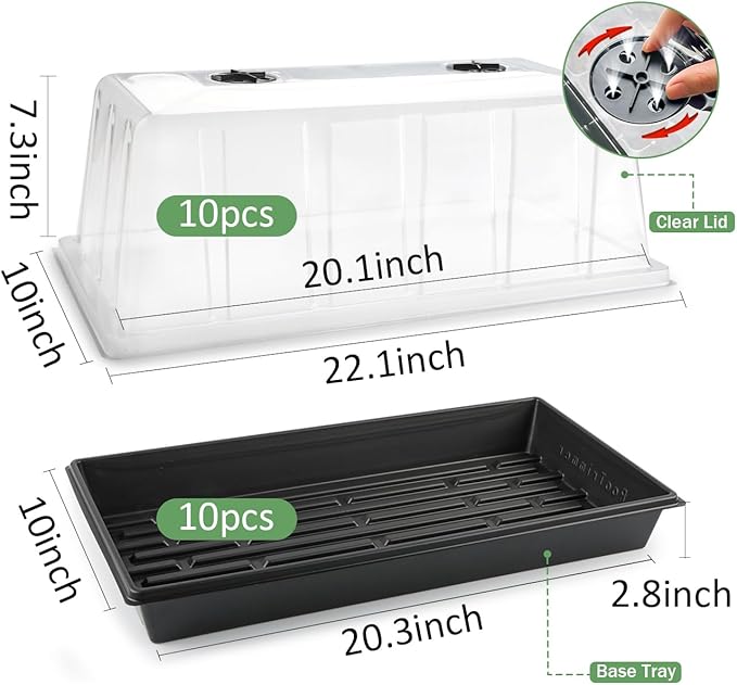 1020 Trays with Tall 7.3'' Dome, 10-Pack Extra Large Seed Starter Tray with Humidity Domes, Heavy Duty 1020 Seed Trays and Flats with Lid, Seed Germination Mini Greenhouse No Hole for Balcony Garden