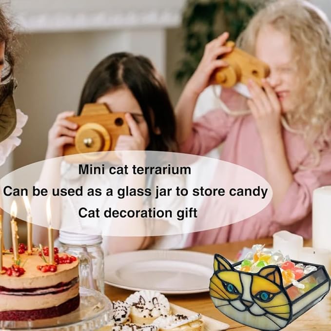 Stained Glass Yellow Cat Flower Pot,Small Succulent Planter for Indoor Plants,Cat Plant Decoration for Windowsill 4.33x3.54x2.95 in（Excluding Plants）