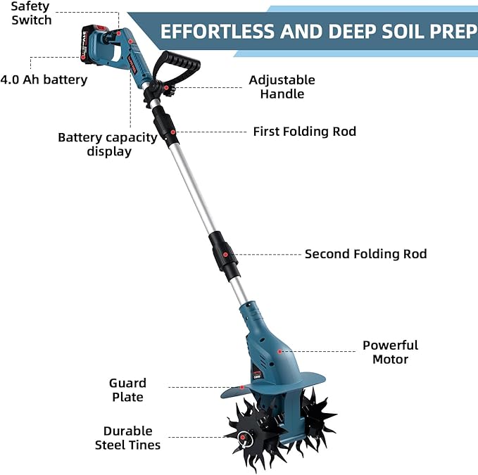 21v Cordless Tiller, 8-Inch Wide 4.0 Ah Battery Powered Garden Cultivator, Cultivator with Steel Tines and Battery Capacity Display, Rototiller for Lawn/Gardening/Soil Cultivation (Blue) by Shintyool