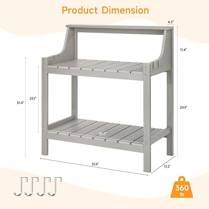 ONBRILL Potting Bench, HDPS Potting Bench with 4 Side Hooks, All-Weather Garden Table Work Station, Outdoor Potting Table for Porch, No Rust, No Fade, No Break, 360lbs Capacity (Grey, Large)