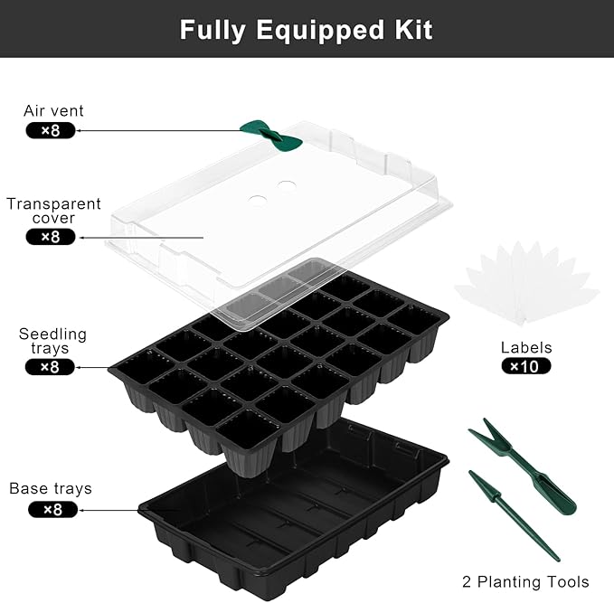 Elcoho 8 Pack 192 Cells Seed Starter Tray Kit Seedling Tray Propagator Plant Grow Tray with Humidity Dome and Base Plastic Planter for Greenhouse Germination Starter, 24 Cells per Tray, Black