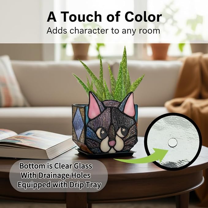 Star Black Cat Decorative Flower Pot, Handcrafted Ceramic Planter with Star Eyes, Modern Home Garden Decor