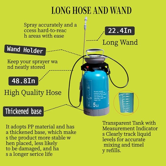Upgraded Reinforced 1.3 Gallon Pump Pressure Sprayer-Watering for Plants, Weeds Control, Lawn Care with Adjustable Nozzles &Comfort Strap