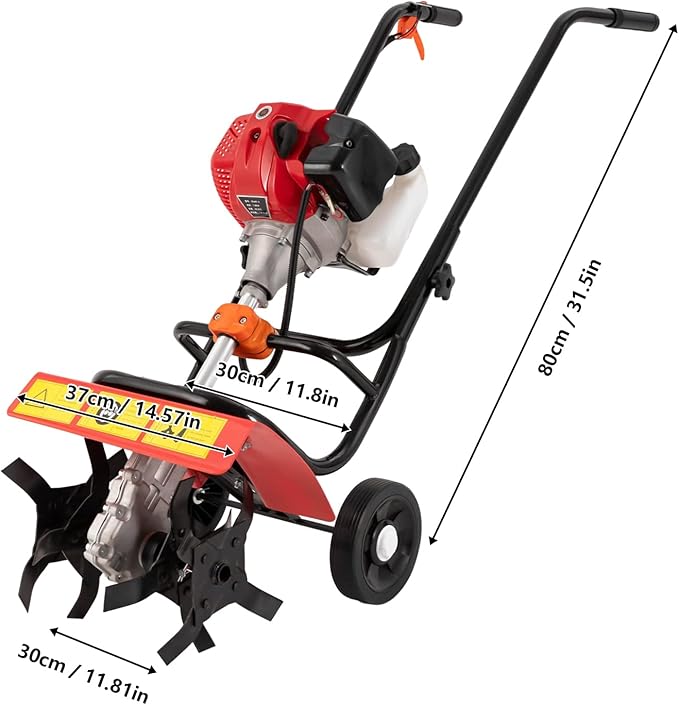 Garden Tiller Cultivator,52CC 2-Stroke Gas Powered Engine Rototiller 1.9KW Garden Tool Bar Cordless with Narrow Blade Anti-Collision Strong Power Garden Cultivator for Plowing Turning Soil Ditching