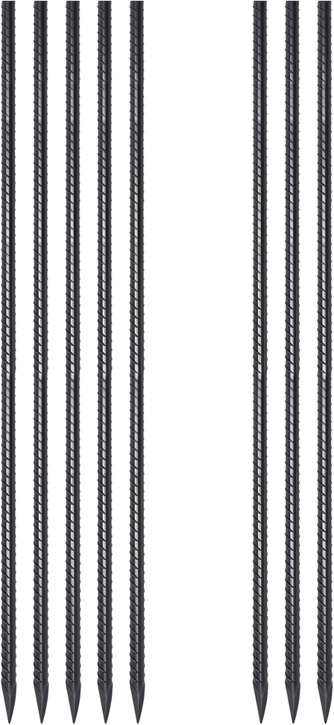 Steel Rebar Stakes 48 lnch 8 Pack Ground Stakes Heavy Duty 1/2 Inch Diameter Landscpe Timber Spikes Straight Metal Stakes with Chisel Point for Garden Camping Plant Support, Black