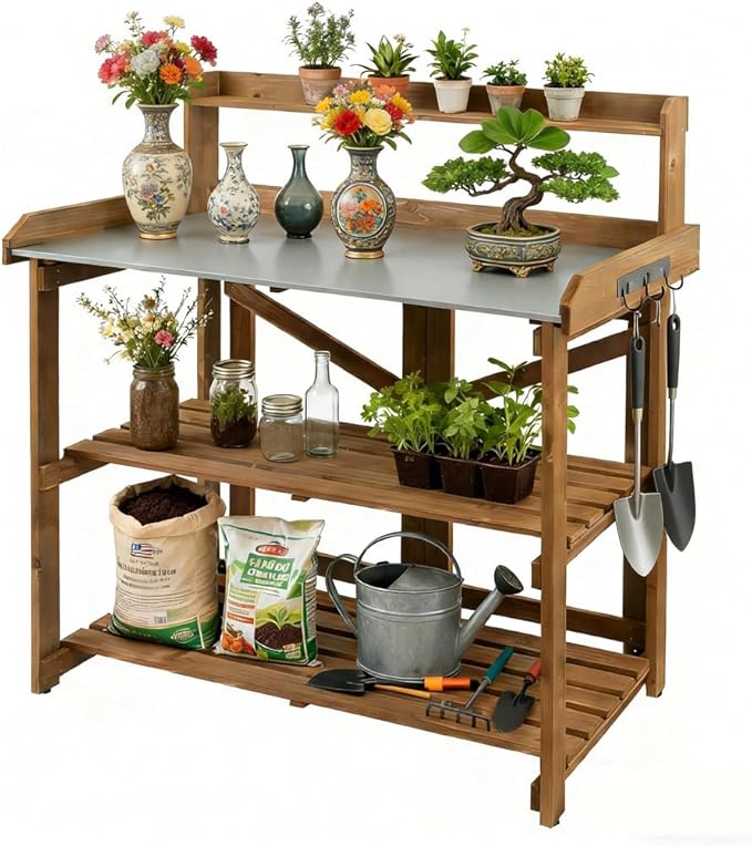 Outdoor Potting Bench Table, Wooden Garden Work Station with Metal Table Top, Metal Hooks, Large 2 Shelves, Easy Assembly