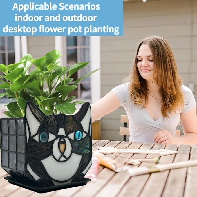 Tiffany Cute Cat Stained Glass Flower Pots,Indoor and Outdoor Plant Displays,Black Cat Plant Planter,Candle Holder Container Decoration 4.6 x 5.15 x 3 inch(Without Succulents)