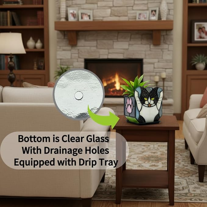 Stained Glass Black Cat Planter, Succulent Pot with Drainage, Indoor Plant Container, Decorative Pencil Holder, Teacher Gift