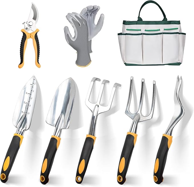 Garden Tools, 8 Piece Heavy Duty Gardening Tools Set with Non-Slip Rubber Grip, Stainless Steel Garden Tool, Gifts for Kids, Women, Husbands, and Parents