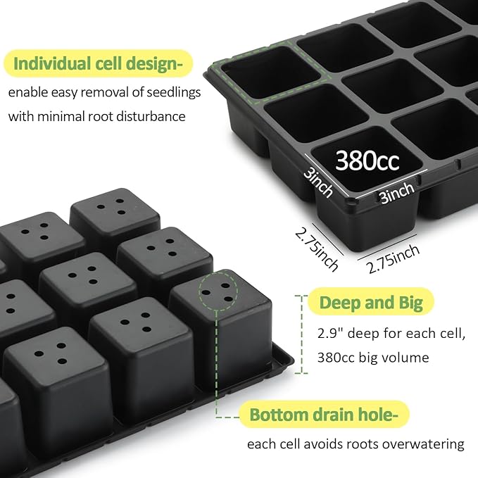 10 Pack 18 Cell Seed Starter Trays - 2.9 "Deep 3 Inch Big Cell Plastic Nursery Trays, 20" x 10", for 1020 Flat Trays Seed Germination, Planting Seedlings & Propagation