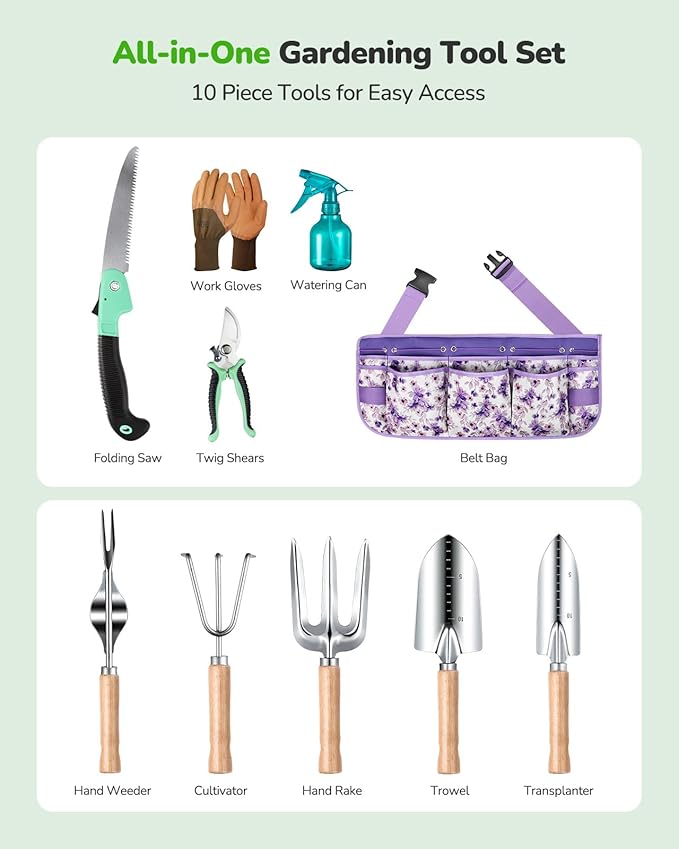 All-in-One Garden Tool Set with Tools Organizer Belt Adjustable, 10-Piece Gardening Hand Tools, Long Lasting Rust-Proof Premium Garden Tool Kit, Gardening Gift for Women Men (Purple)