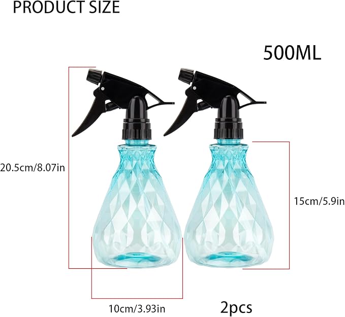 2 Pcs Spray Bottles, 500 ml/17 oz Empty Water Spray Bottles, Plastic Reusable Adjustable Mist Sprayer Squirt Bottles Containers Refillable for Cleaning Solutions, Gardening, Plants (Blue)