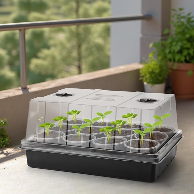 4-Pack Seed Starter Trays with 5'' Tall Humidity Domes – Reusable Plant Germination Kit for Microgreens, Herbs & Indoor Gardening | Clear Vented Lids, Fast Seedling Growth & Durable Design