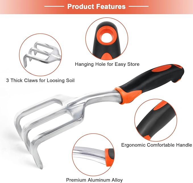 Hand Rake Garden Tool, Heavy Duty Hand Cultivators for Gardening, Small Garden Claw Tool Garden Handrake with Ergonomic Handle, Weed Rake Cultivator Tool for Cultivating, Loosening, Weeding