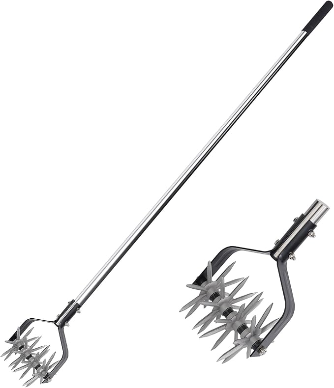 Rotary Garden Tool, Adjustable Hand Tiller, Long Handle Cultivator for Aerating, Weeding, Planting and Mixing Soil or Reseeding Grass