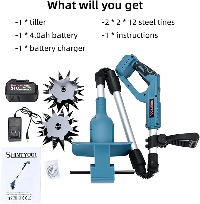 21v Cordless Tiller, 8-Inch Wide 4.0 Ah Battery Powered Garden Cultivator, Cultivator with Steel Tines and Battery Capacity Display, Rototiller for Lawn/Gardening/Soil Cultivation (Blue) by Shintyool