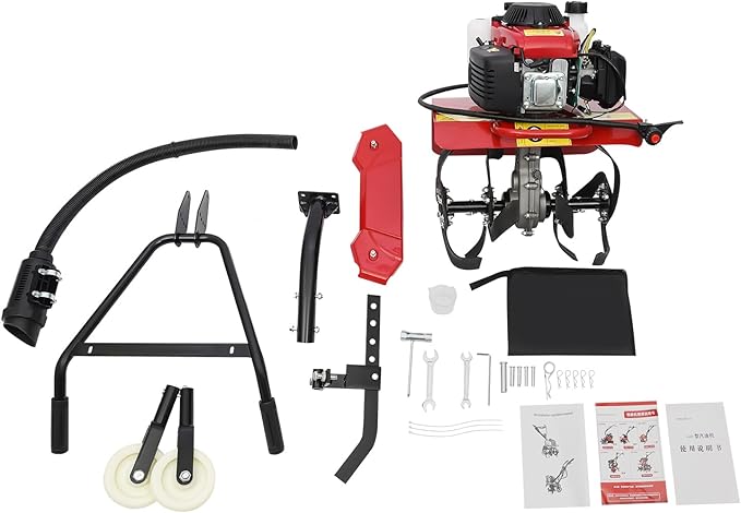 63CC Garden Tiller Cultivator, 4-Stroke Gas Powered Engine Rototiller Garden Tool with Widened Mud Flap Cordless with Long Handle Strong Power Garden Cultivator for Plowing Turning Soil Ditching