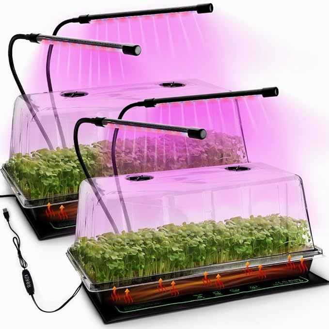 2-pack 1020 Trays with 7.3'' Domes & Heat Mats & Grow Lights – Heavy-Duty 1020 Seed Starter Kits, Seedling Trays with Humidity Domes & Waterproof Heating Mats & LED Lights for Germination Propagation