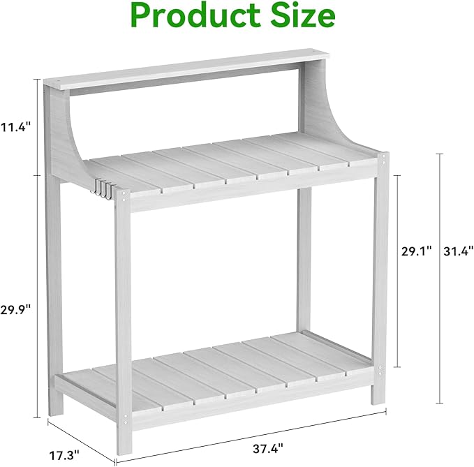 Potting Bench Table, Solid Wood Potting Bench with Storage & Hooks - Durable All-Weather Garden Workstation for Patio, Deck & Yard - 360 lbs Capacity, Rust & Fade Resistant