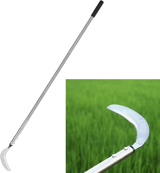 Weeding Sickle, Serrated & Plain-Edged Combined Steel Scythe 51-Inch Adjustable Long Handle, Lightweight Long-Handled Garden Sickle Tool for Gardens, Yards, Fields & Overgrown Areas