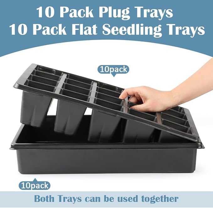 10 Pack 2.5 inch Square Pots 3.5 inch Deep 20 Cell Seedling Plug Trays with Water Collection Nursery Trays (15"x11"x3") for Seeds Starting and Transplanting