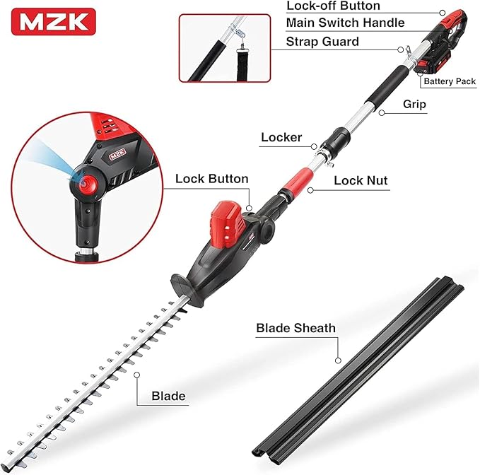 MZK 20V MAX 23-inch Cordless Pole Hedge Trimmer Attachment, 8-Feet Reach, Electric Hedge Trimmer with Extension Pole, Multi-Angle (Two Batteries and Charger Included)