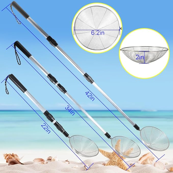 Beach Sand Sifter, 3 Beach Sifting Sand Telescoping Pole Sets with Scoops, Baskets, Mesh Bag, for Picking Up Shells Shovels Shark Teeth