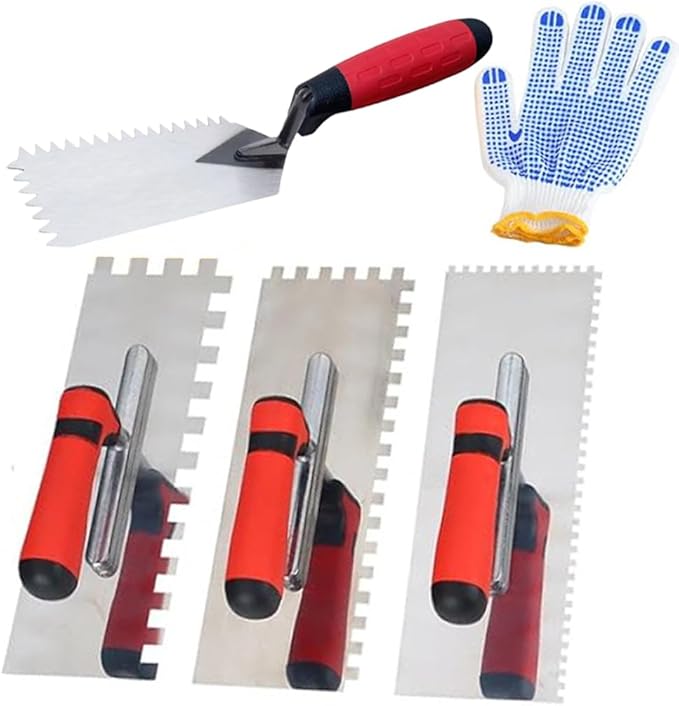 5Pcs Square Notched Trowel Set,Stainless Steel Concrete Trowels Margin Flooring Trowel,Masonry Hand Tool with Soft Grip Handle for Wall Floor Tiling Installation