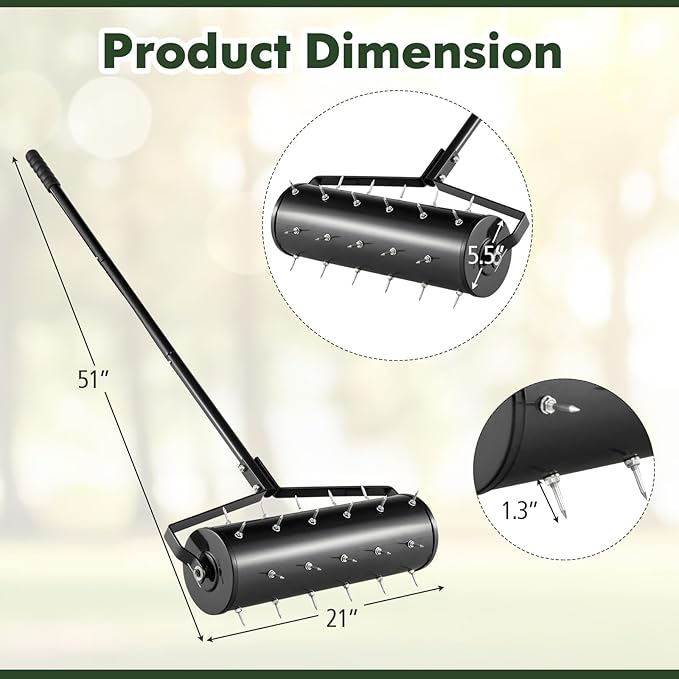 IRONMAX Rolling Lawn Aerator, Sand/Stone Filled Manual Dethatching Soil Aerating Push Tool with Ergonomic Handle, Grass Aerator Lawn Tool for Yard, Garden, Lawn Health Care (21''W x 51''H)
