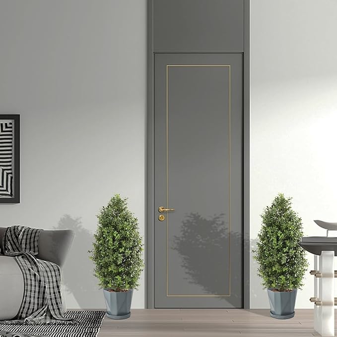 30" Tall Artificial Boxwood Topiary, 2 Pcs Outdoor Ready Artificial Boxwood Topiaries Trees, Natural Looking Fake Potted Shrubs