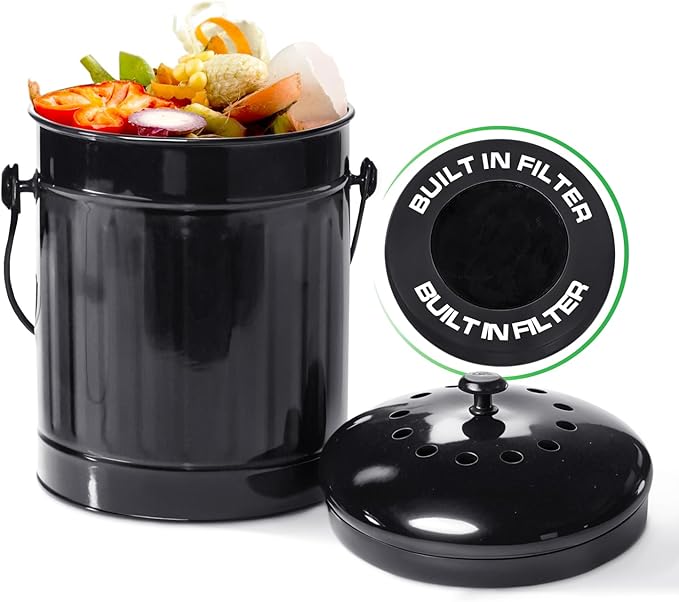 Plexon Countertop Compost Bin Kitchen Indoor with Lid, Black 1.5 Gallon Odorless Kitchen Container, Steel Food Compost Bucket with Charcoal Filter, Compost Pail for Countertop