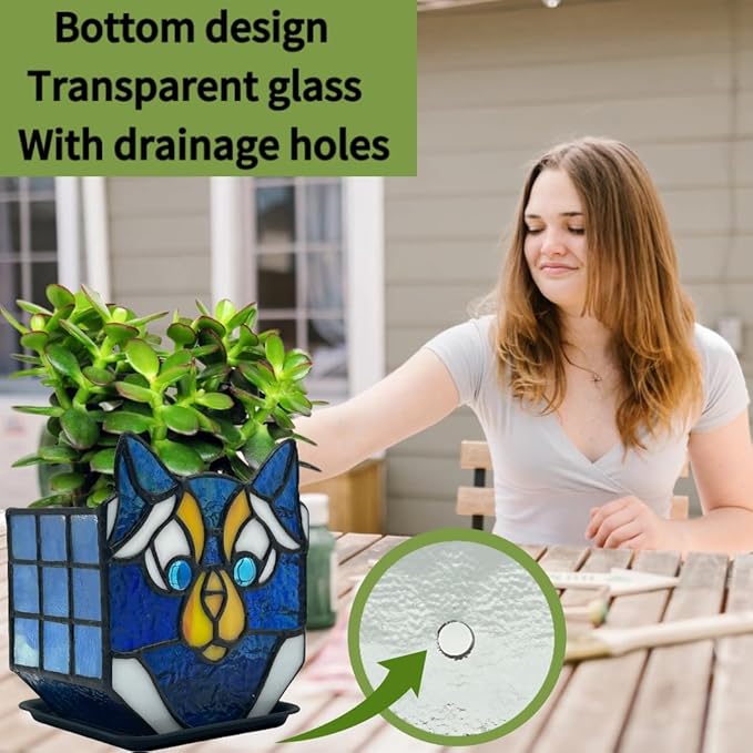 Cat Stained Glass Planter, Flower Pots for Indoor Plants,Cat Plant Decor,Fun Plant Pots Gift 4.6x3x5.15 in(Excluding Plants)